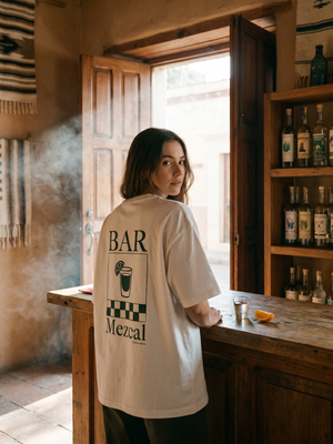 Bar Mezcal tee in a warm Oaxacan mezcaleria