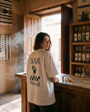 Bar Mezcal tee in a warm Oaxacan mezcaleria