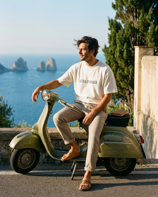 Matteo on a vintage olive-green Vespa pulled over above the Amalfi coast at golden hour, wearing the Aura Farmer Boxy Tee.