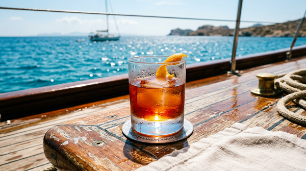 Sweating lowball glass of negroni with orange peel resting on the polished teak deck of a Mediterranean gulet at high noon, sailboat softened in the haze.
