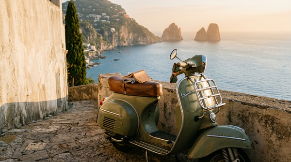 Vintage olive-green 1965 Vespa parked against a sun-bleached stucco wall on the Amalfi coast at golden hour, sea and Faraglioni rocks in the distance.